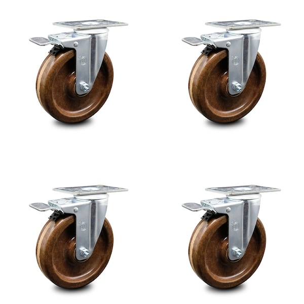 5 Inch High Temp Phenolic Swivel Top Plate Caster Set with Total Lock Brake SCC